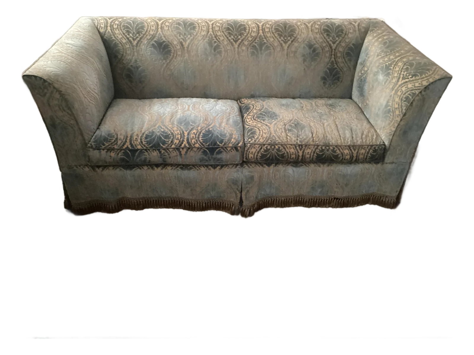 Hollywood Glam Tuxedo Style Upholstered Sofa: Glamour and Style this high back high arms and cushy down filled seating makes it feel like a hug. Upholstery is a cut velvet with skirt and tassel fringe. It is 82" x 36"x36". There are no