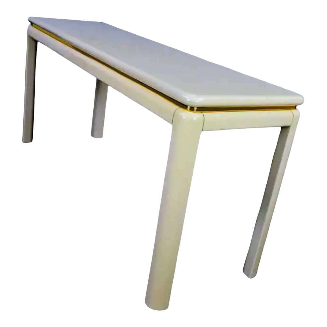 Altavista Lane Parsons 1980s Console Table: 80's Cream Dream. Vintage console table in a creamy off white lacquer with brass strip detailing. 53" x 26" x 15" Condition: Alterations: Original Condition Unaltered Imperfections: Some Imperfections