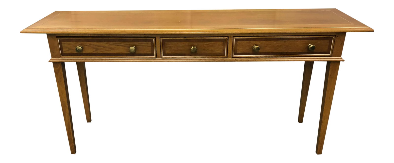 Century Fine Furniture Oak Console Table: Long console table made by Century Fine Furniture. Oak with white accents and brass knobs. Three drawers. Condition: Alterations: Original Condition Unaltered Imperfections: Some Imperfections Conditi