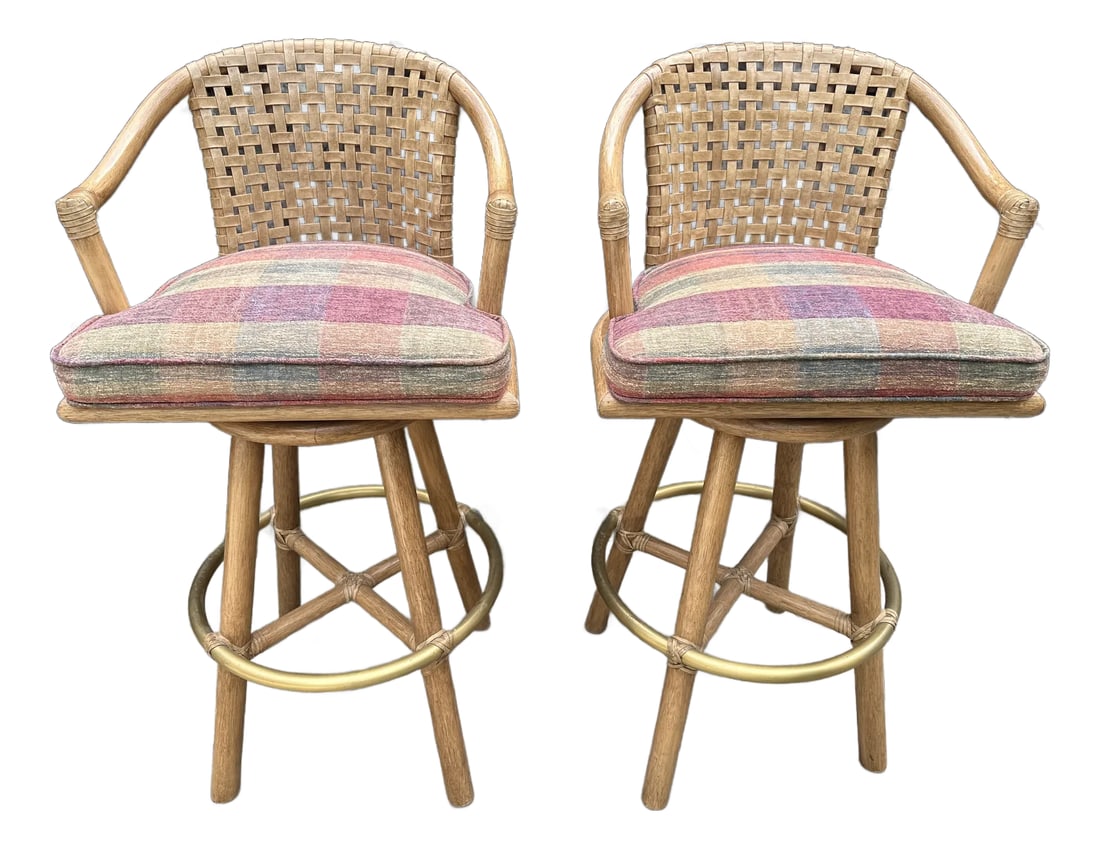 1990s Vintage Pair of McGuire San Francisco Woven Leather Swivel Stools: Pair of iconic vintage McGuire San Francisco woven leather swivel bar stools. Extremely solid, sturdy, and well-made. Features a bamboo wood frame, textile seats, and woven rawhide leather backrests.