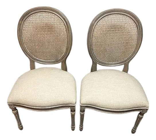 Pair of Ethan Allen French-Style Side Chairs: Enhance your space with this beautifully upholstered pair of contemporary French-style side chairs from Ethan Allen. Perfect for use as a small bistro set, flanking a piece of furniture, or gracing