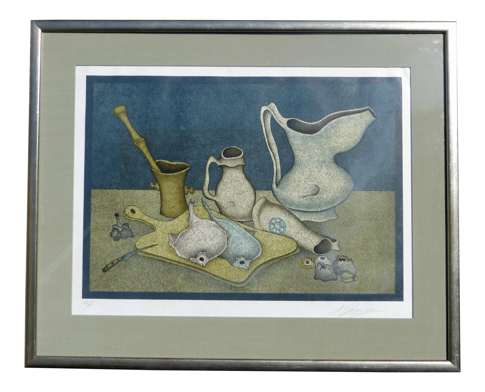 Mihail Chemiakin Signed Still Life With Fish and Bread Lithograph: Artist: Mihail Chemiakin - Russian (1943- ) Title: Still Life with Fish and Knife Year: Circa 1980 Medium: Color Lithograph on Japon paper Image size: 18 x 26 inches Framed size: 28.5 x 35 inches
