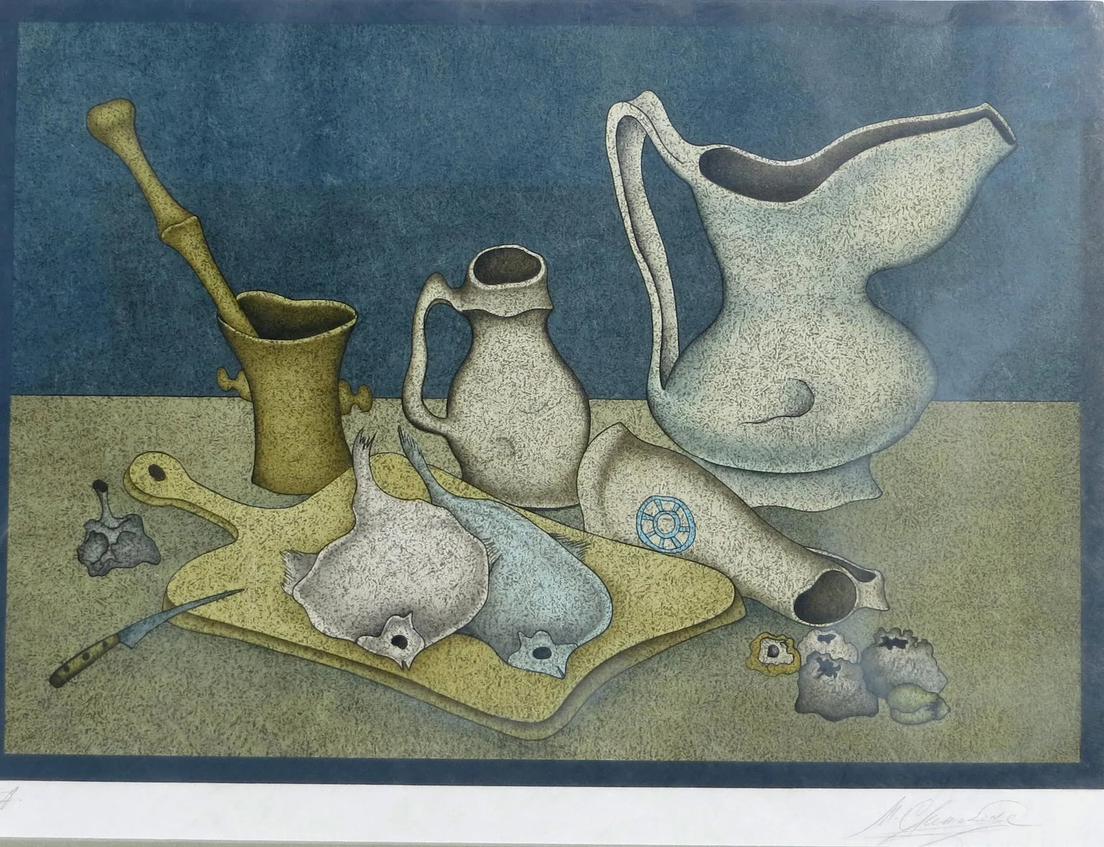 Mihail Chemiakin Signed Still Life With Fish and Bread Lithograph - 2