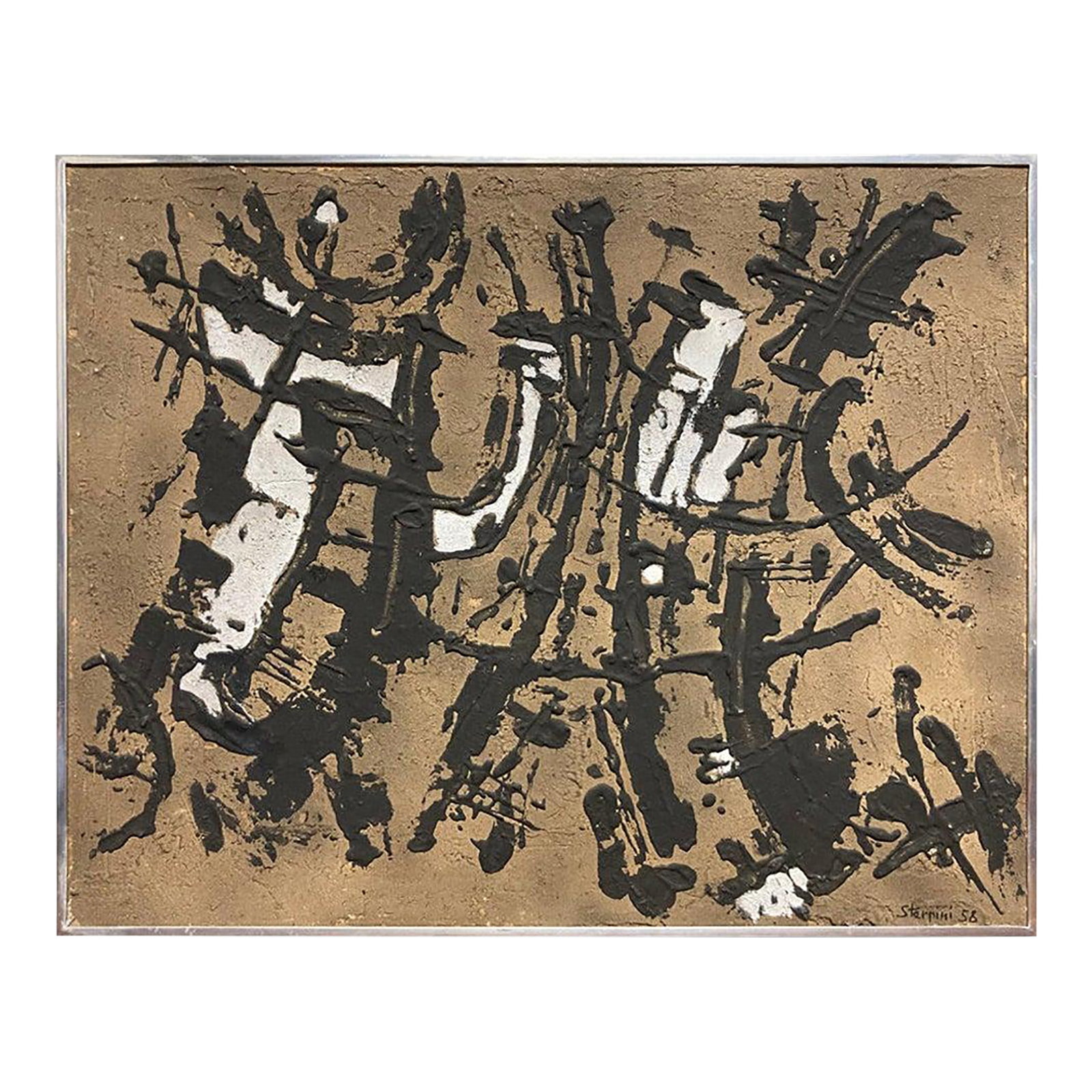 Italian Abstract Expressionist Painting by Ugo Sterpini, Signed and Dated 1958: Ugo Sterpini (Italian, 1927-2000)''La Lotta Sulla Duna" (The Battle On The Dune). Mixed media on canvas, signed and dated ''58'' lower right, signed, titled, and dated to verso, with a label from