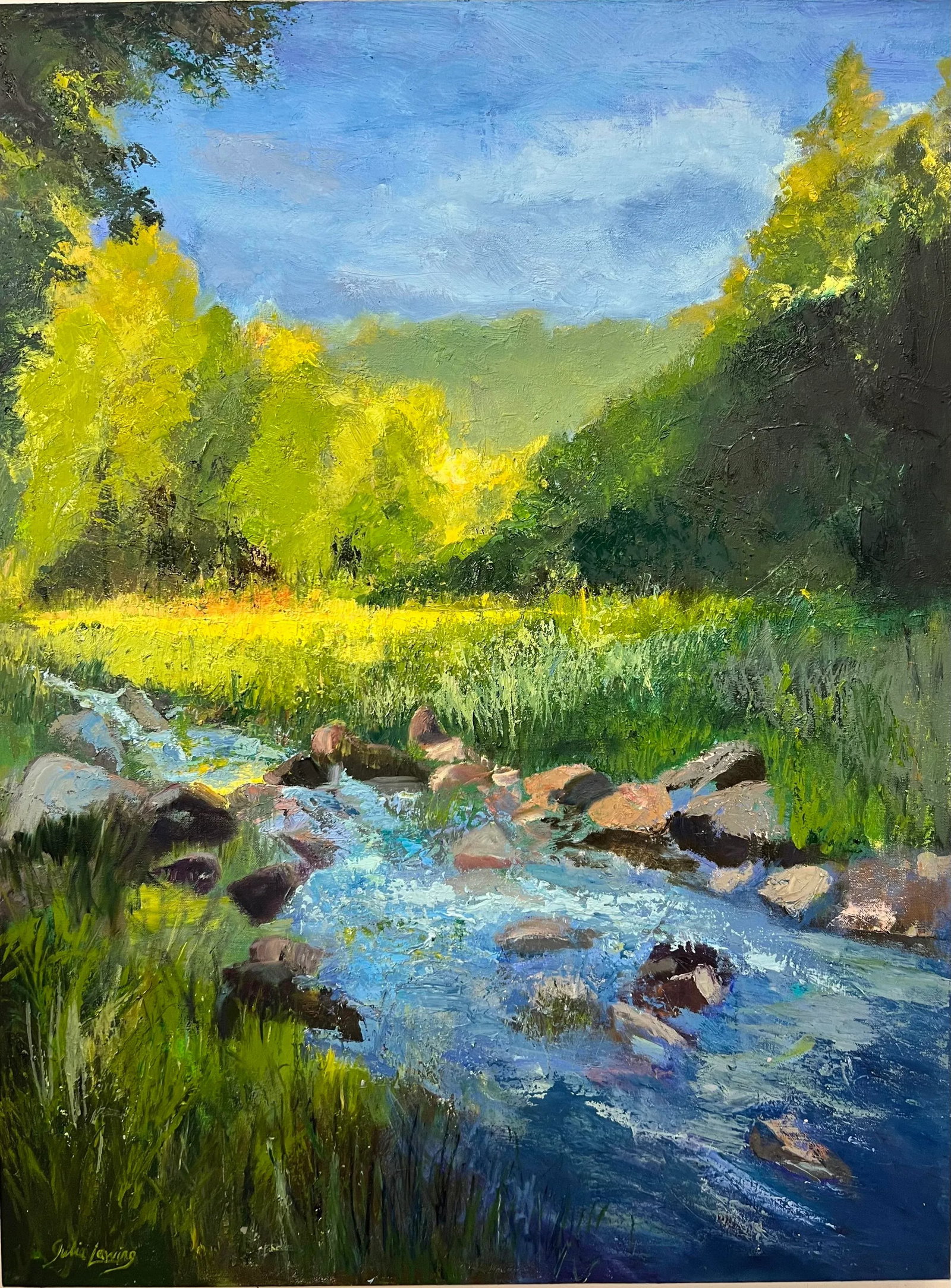 Whispering Wanderer, Original Painting by Julia Lawing: I stumbled upon this beautiful brook during my summer wanderings in the North Carolina high country. Loved the sliver of golden light on the field, surrounded by all the cool greens and blues.