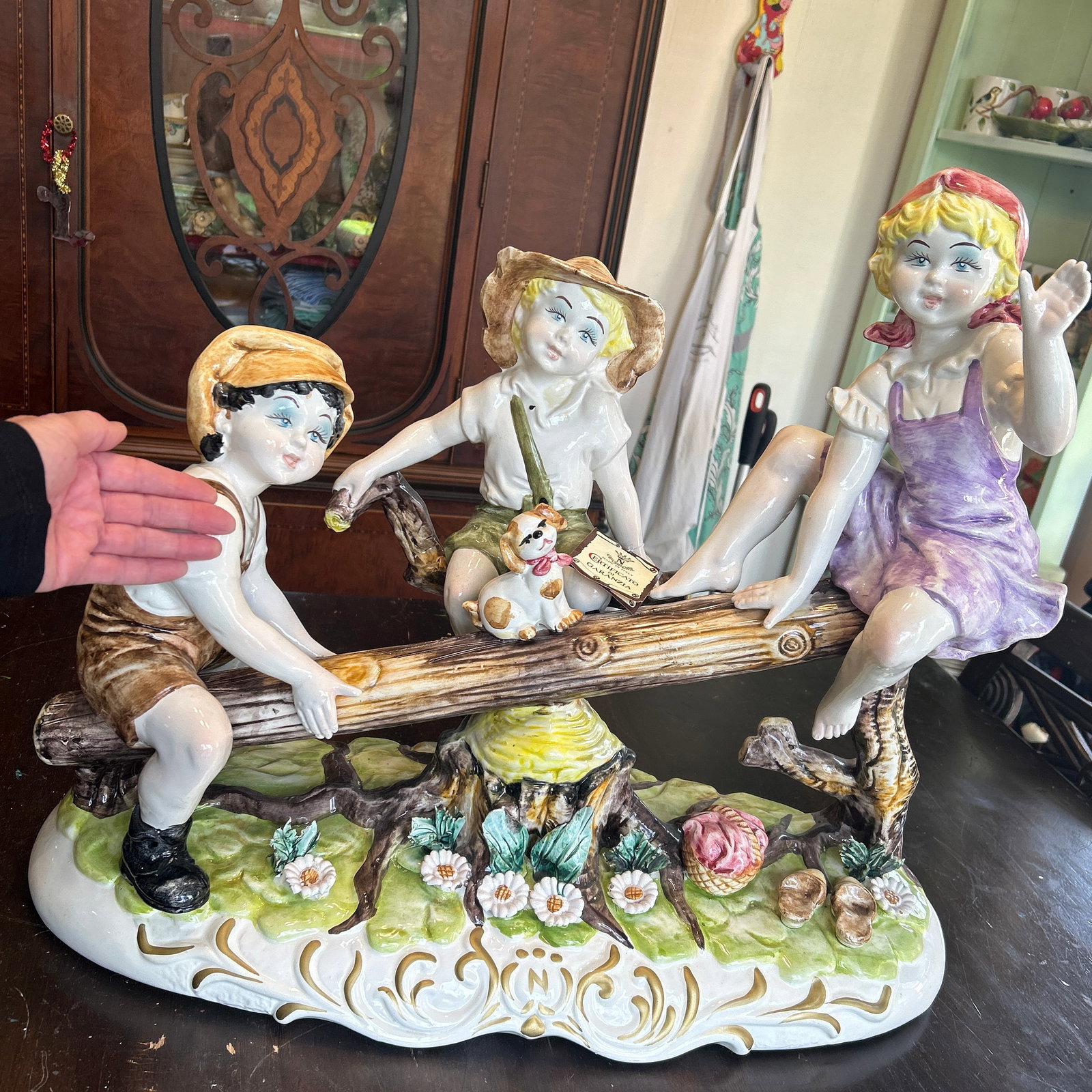 Large Capodimonte Porcelain Figural Sculpture of Children and Dog on Seesaw Mid to Late 20th Century - 12
