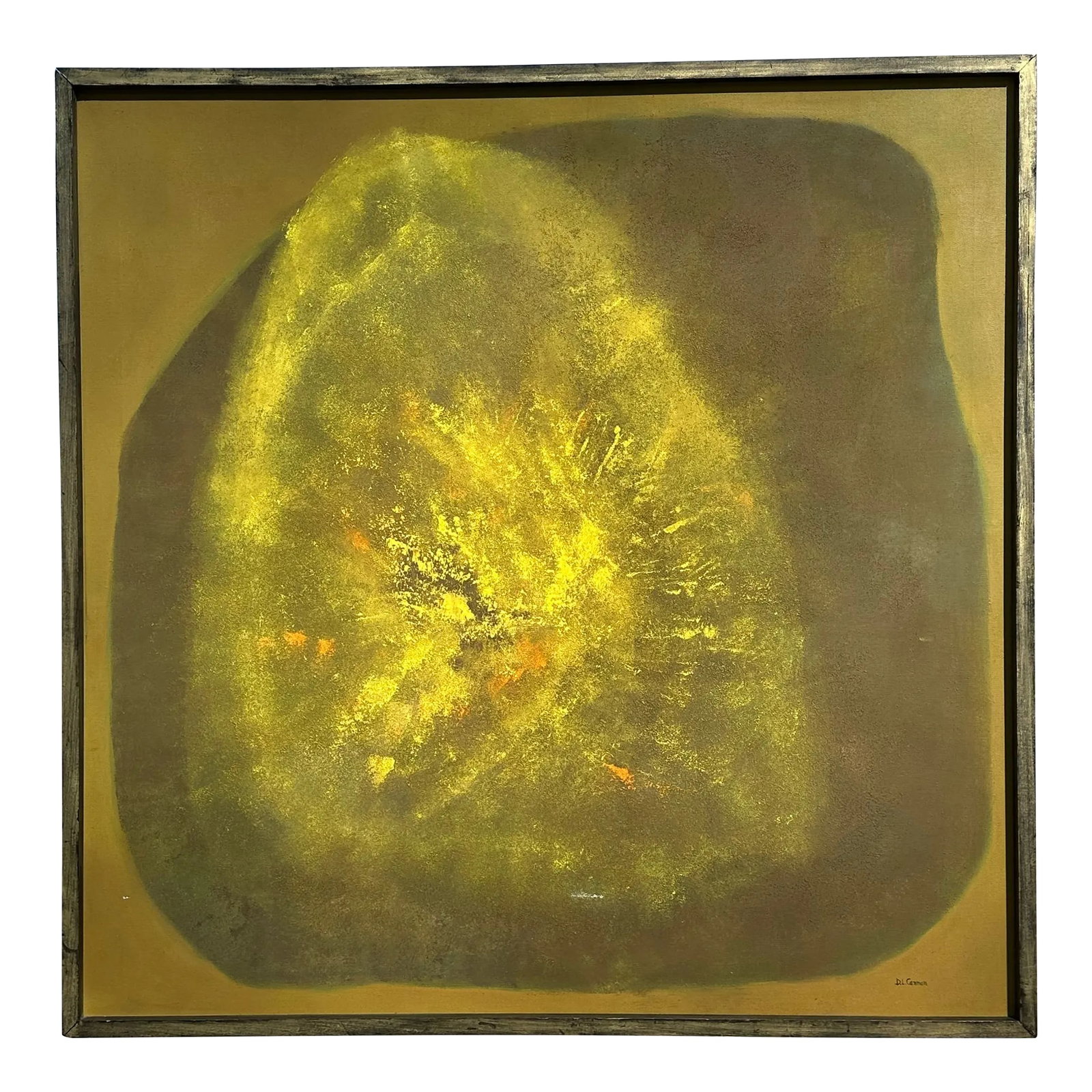 Mid-Century Abstract Painting on Canvas in Green, Signed: Large scale vintage abstract painting in green on canvas, framed in a deep wooden frame. This piece features bold shapes and tons of texture. A great example of period abstract art. Signed by the arti