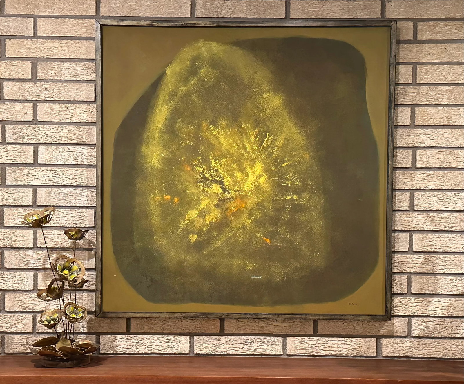 Mid-Century Abstract Painting on Canvas in Green, Signed - 2