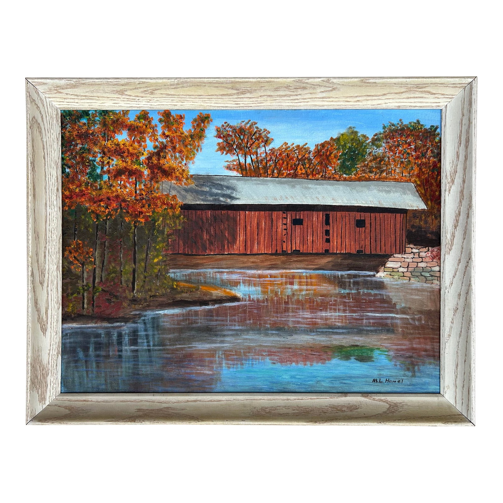 1970s Vintage Impressionist Lancaster County PA Oil Painting of a Covered Bridge, Framed: Vintage original impressionist oil painting of a covered bridge. From an estate in Lancaster County Pa. Signed to the bottom right. In original vintage wood frame. Condition: Alterations: Original