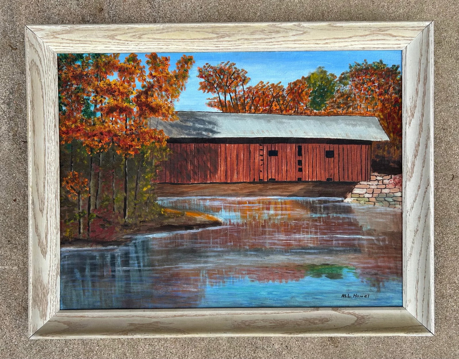 1970s Vintage Impressionist Lancaster County PA Oil Painting of a Covered Bridge, Framed - 2