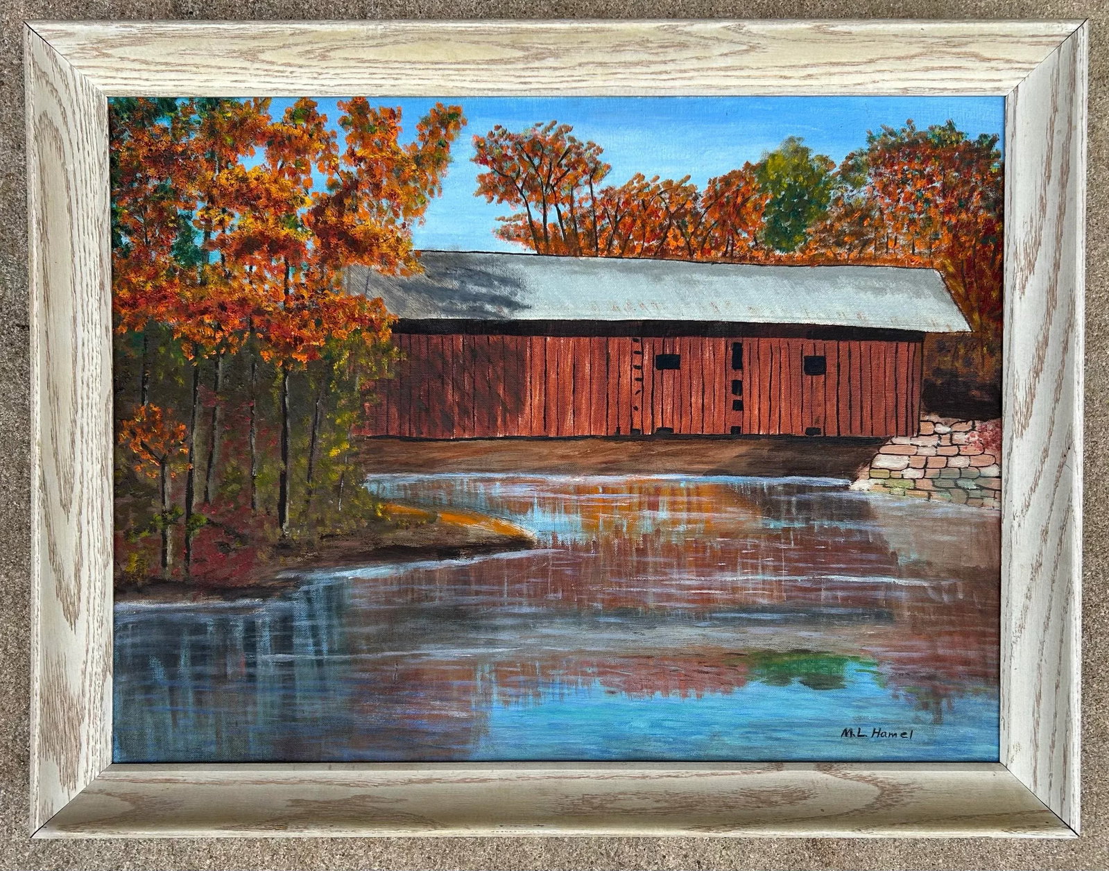 1970s Vintage Impressionist Lancaster County PA Oil Painting of a Covered Bridge, Framed - 3