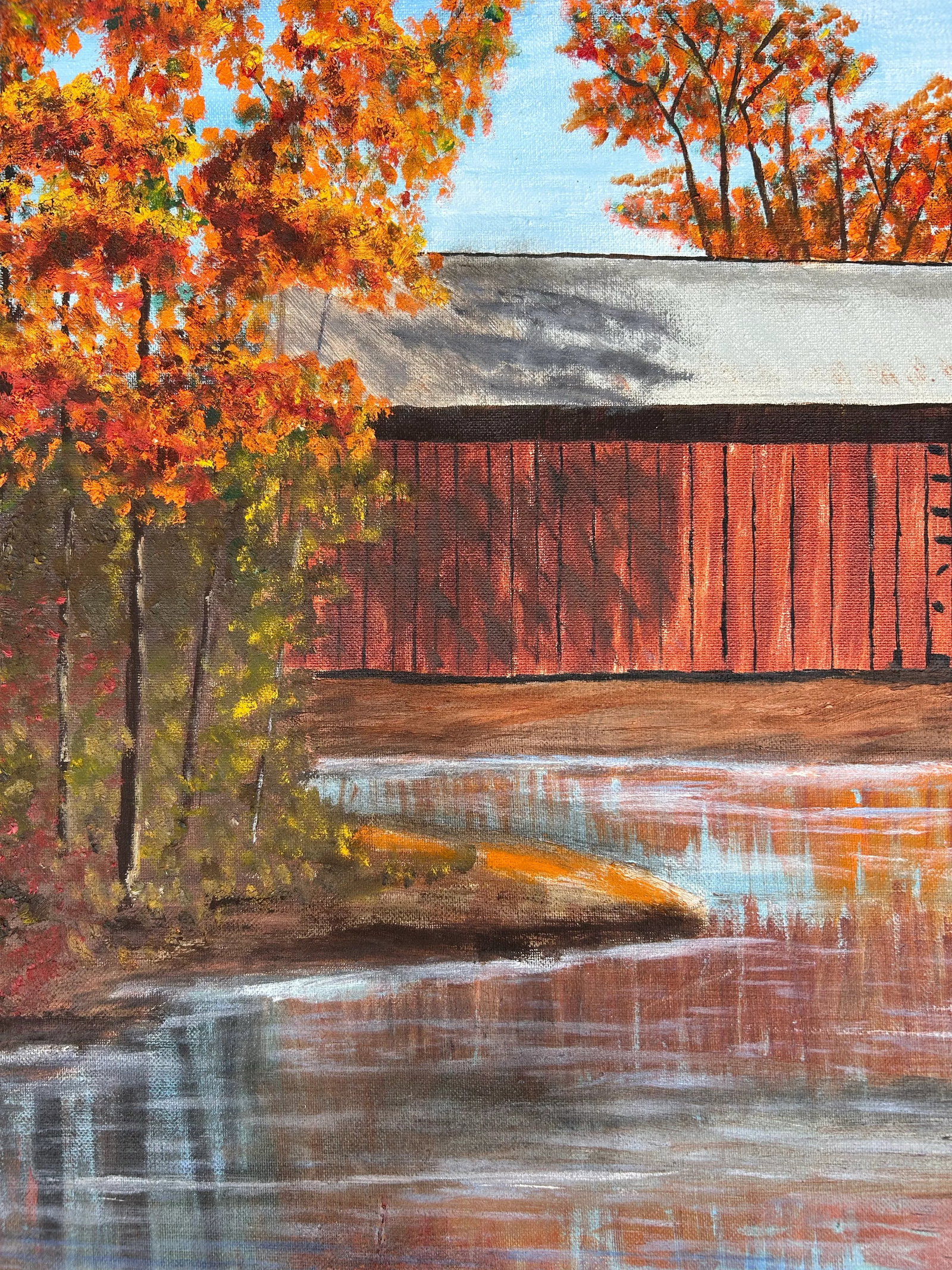 1970s Vintage Impressionist Lancaster County PA Oil Painting of a Covered Bridge, Framed - 4