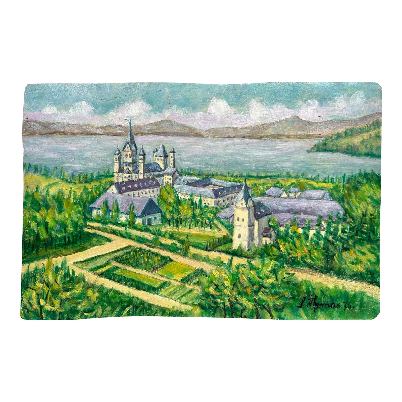 Vintage 1976 Original Landscape Oil Painting of Maria Laach Abby in Germany ~ on Metal Panel: Vintage 1976 original oil painting of Maria-Laach Abby in Germany. Painted on a metal panel and unframed. Signed to the lower right corner. Information on the painting process and location en verso. B