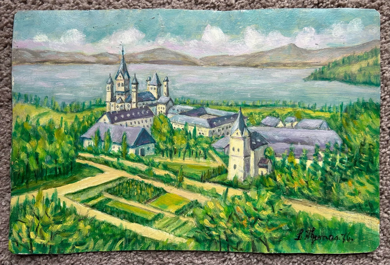 Vintage 1976 Original Landscape Oil Painting of Maria Laach Abby in Germany ~ on Metal Panel - 2