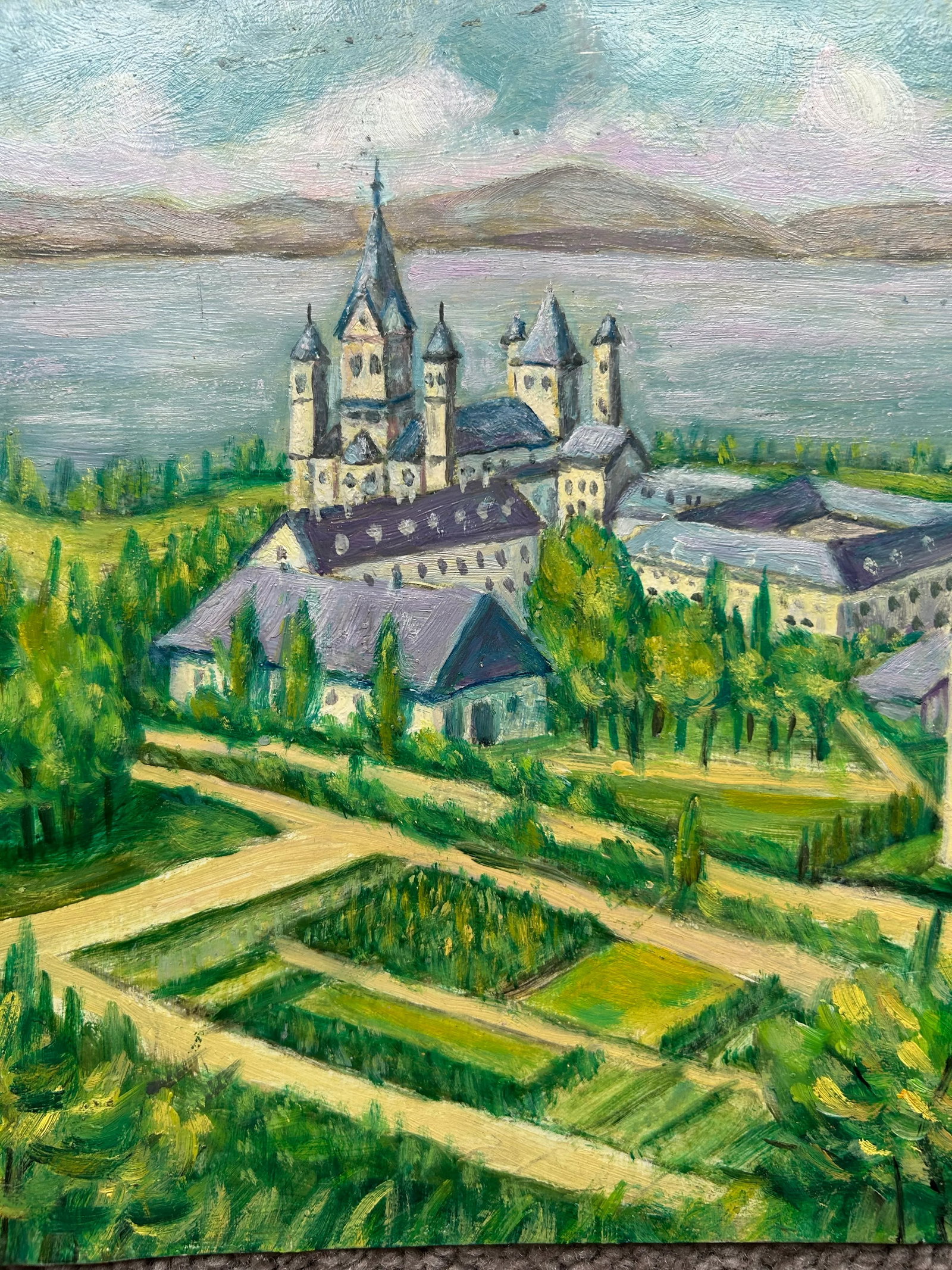 Vintage 1976 Original Landscape Oil Painting of Maria Laach Abby in Germany ~ on Metal Panel - 3
