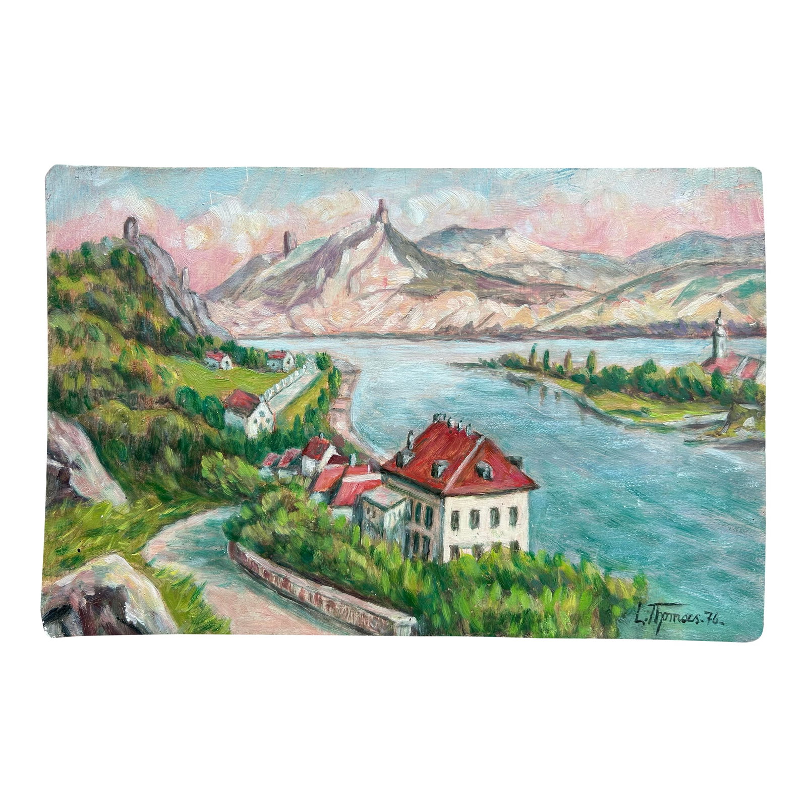 Vintage German Landscape Oil Painting of Rolandseck on Metal Panel 8" X 12": Vintage 1976 original oil painting landscape of Rolandseck, a German town. Signature to the lower right corner and information on how the painting was done and location en verso. Very nice