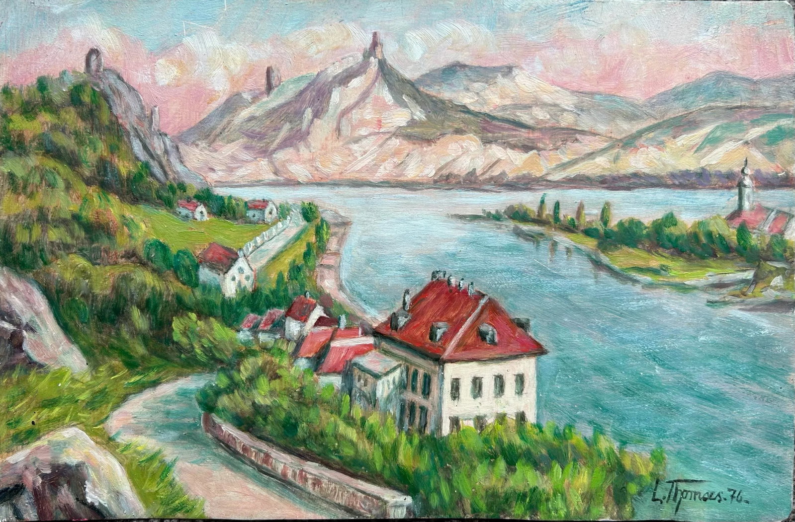 Vintage German Landscape Oil Painting of Rolandseck on Metal Panel 8" X 12" - 2