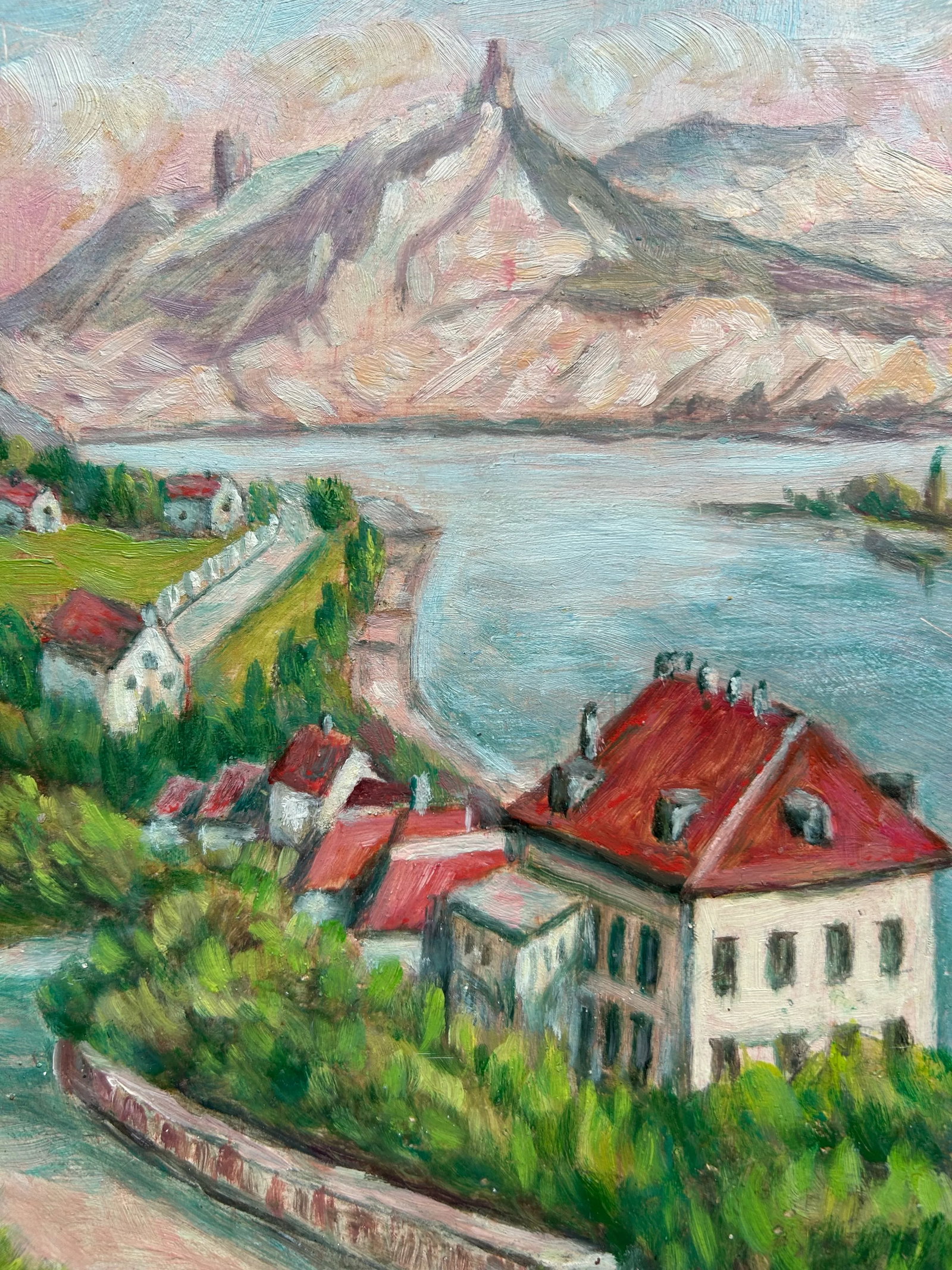 Vintage German Landscape Oil Painting of Rolandseck on Metal Panel 8" X 12" - 3