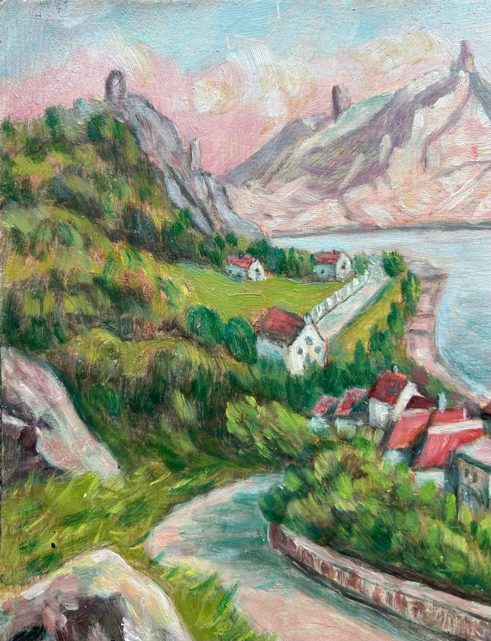 Vintage German Landscape Oil Painting of Rolandseck on Metal Panel 8" X 12" - 4