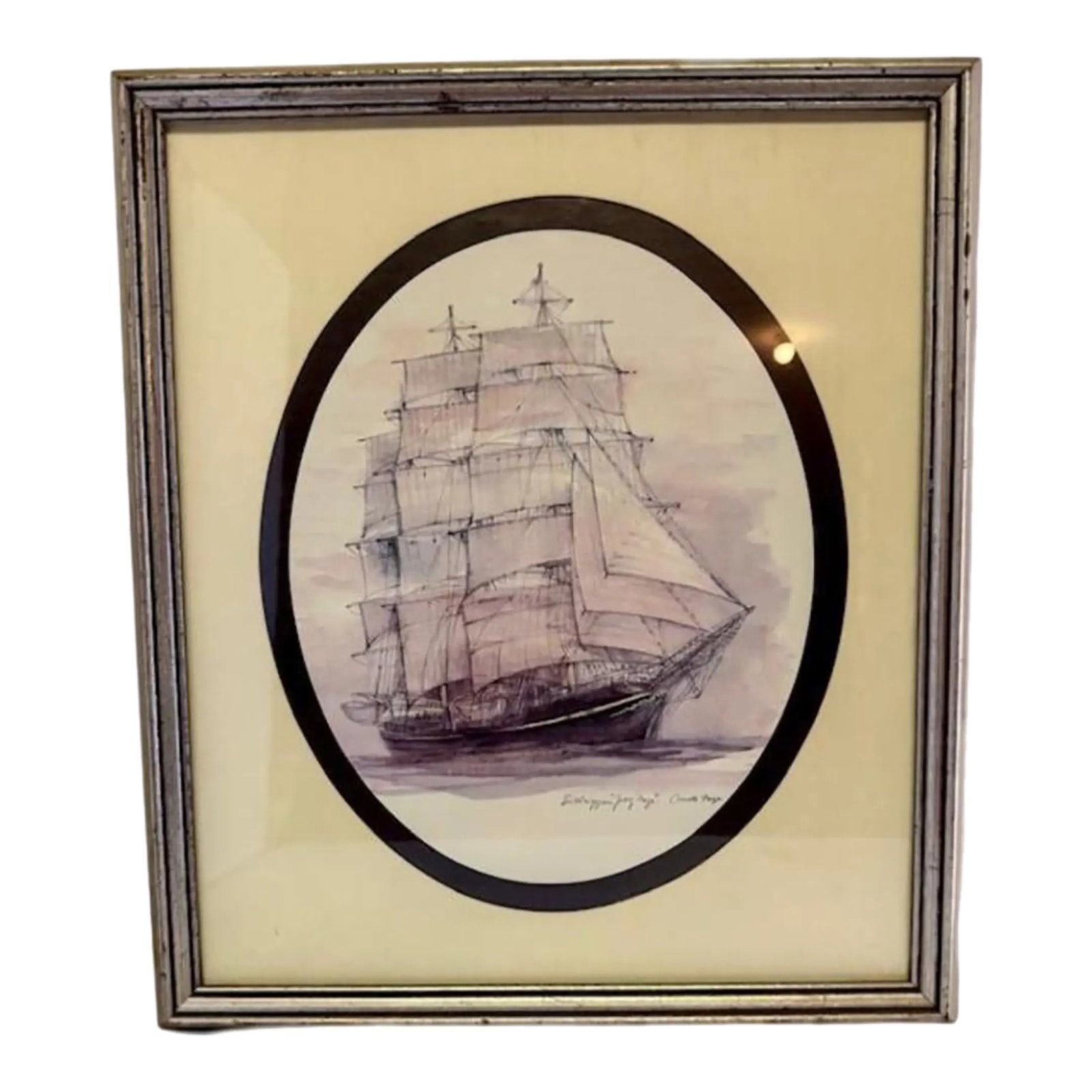 1960s Print of Water Colored Sketch the Fieldriggerin "Georg Stage": Vintage (1960s) Print of Water Colored Sketch " Feildriggerin "Georg Stage" by Danish Artist Mads Stage. The ship is named after the famous Danish explorer and was as a trading vessel in the late