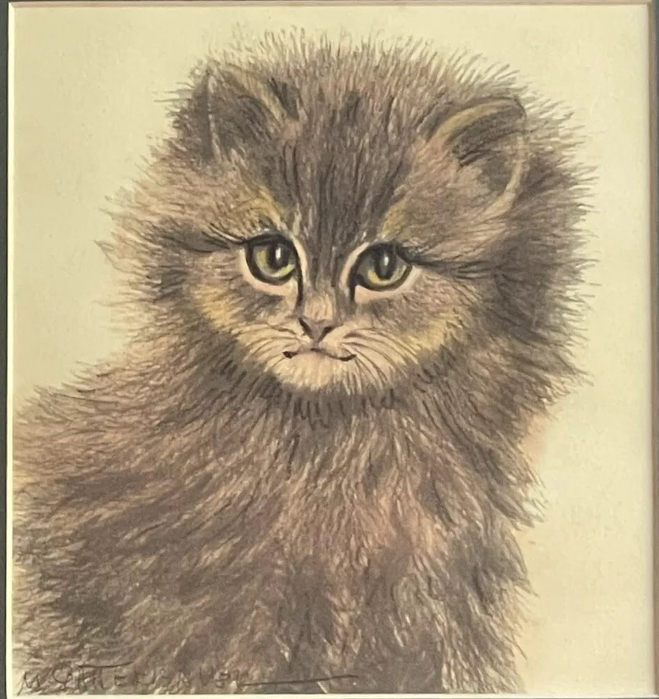 Ooak Cat Kitten Hand Colored Lithograph Art Signed Gatterbauer Framed #9 - 2