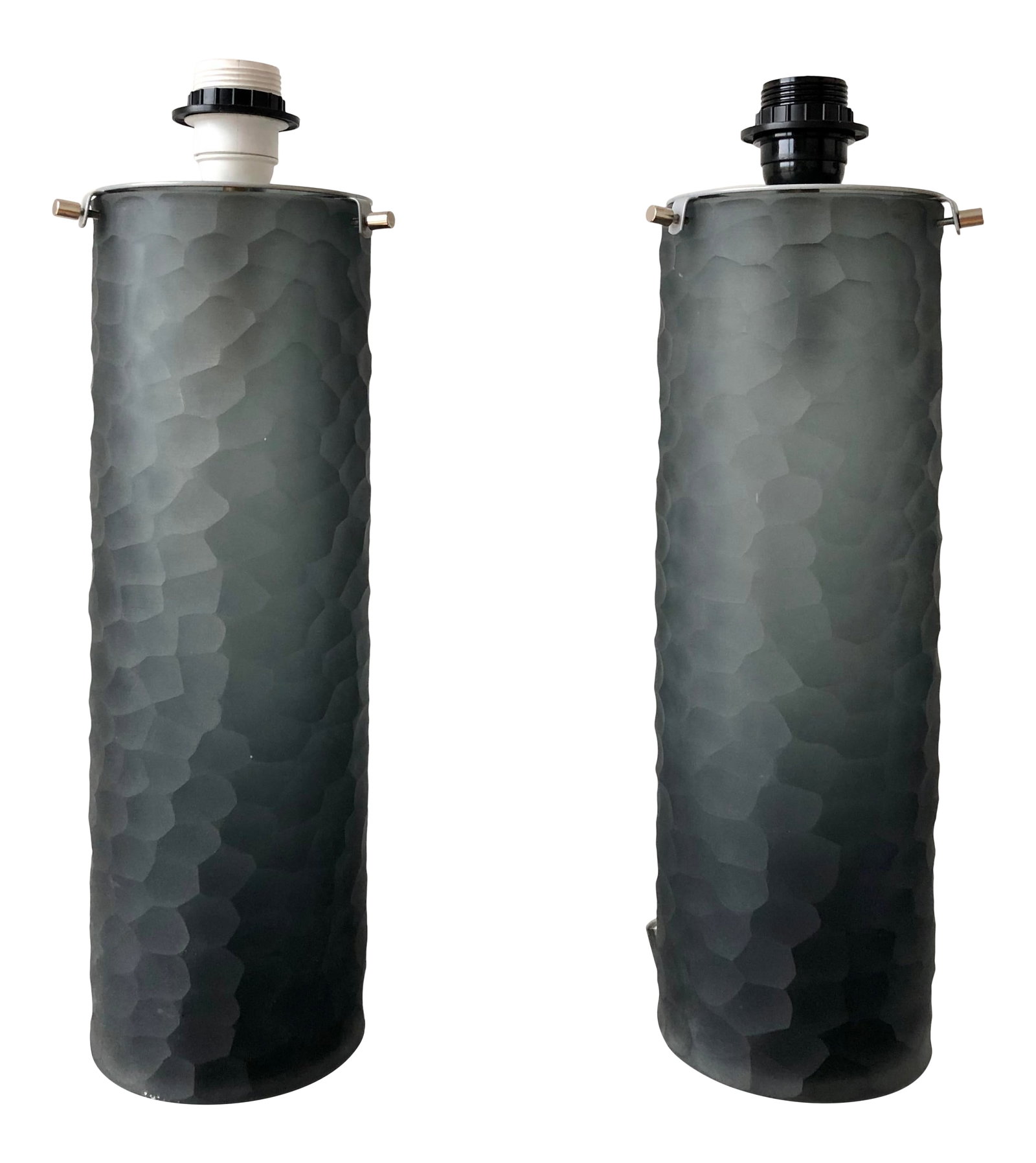 Vivarini Murano Glass Table Lamps - a Pair: Pair of lamps by Vivarini in a deep blue Murano battuto glass. When they catch the light, the translucent cylinders display a beautiful ombre affect. Each piece has an etched signature and number on