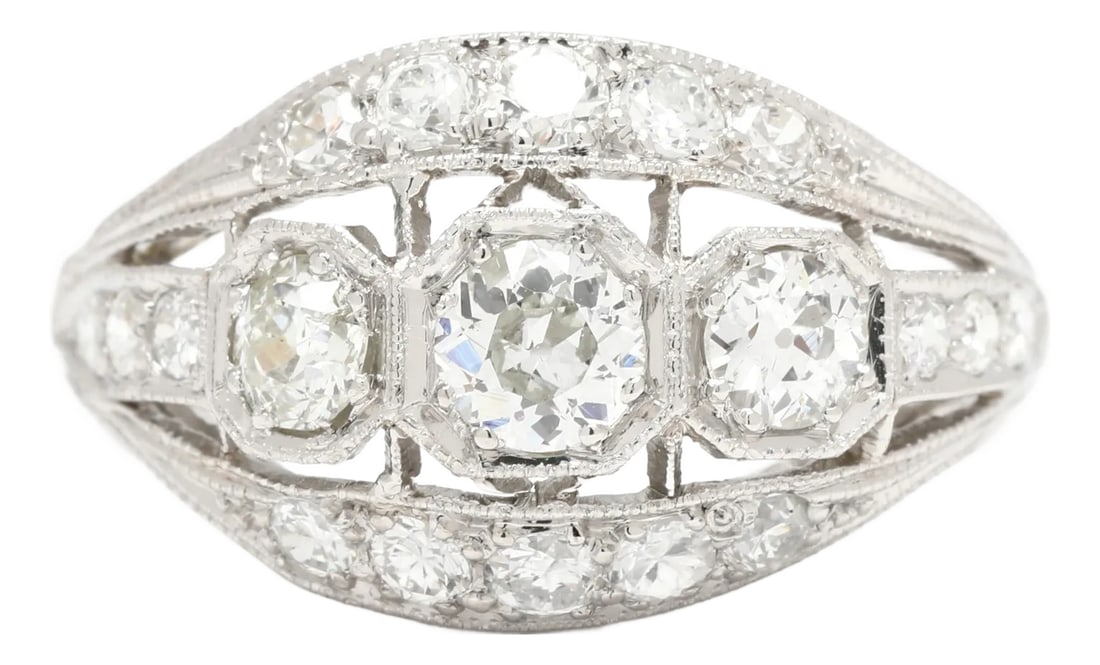 1920s Art Deco 1.28ctw Diamond Dome Ring, Platinum, Ring Size 7.75: Stones: diamond old european cut / transitional / single cut 1.75 - 4.3 mm approximately 1.28 total carats GI color / VS2 - I1 Ring Size: 7.75 Rise Off Of Finger: 4.8 mm Width: 12.3 mm Weight: 3.1