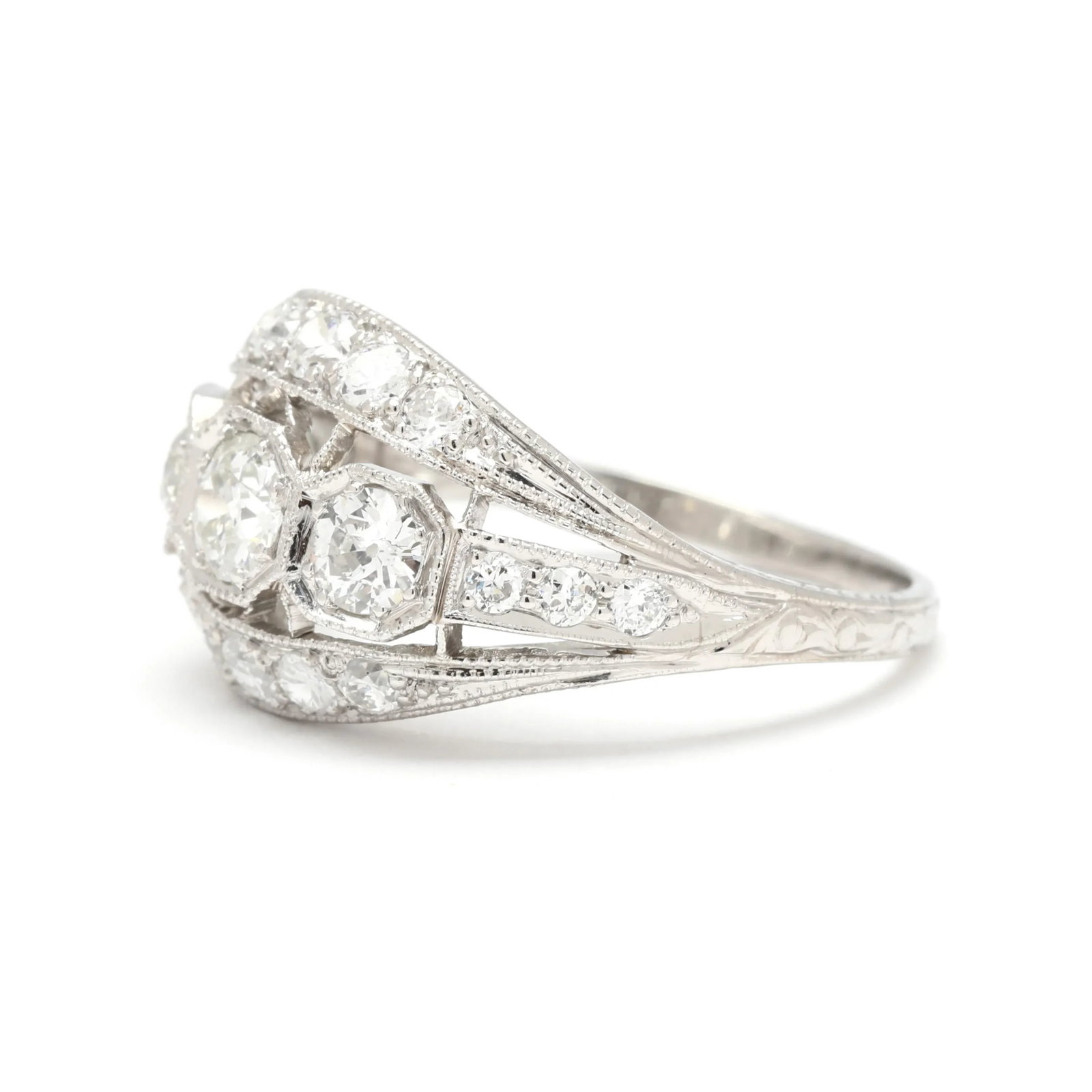 1920s Art Deco 1.28ctw Diamond Dome Ring, Platinum, Ring Size 7.75 - 5