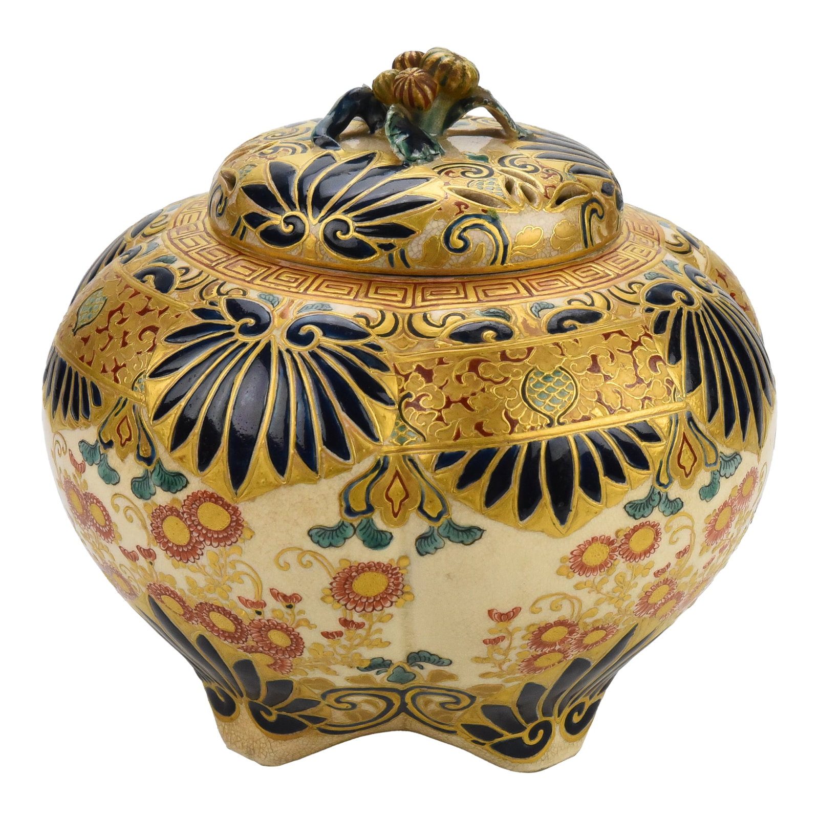 19th Century Fine Japanese Edo Period Gosu Blue Satsuma Censer, Signed: Description - A fine quality Japanese satsuma pottery censer with colorful enamel work including many gosu blue decorations, raised gold and beautiful floral decoration. It has a nice form with a reti