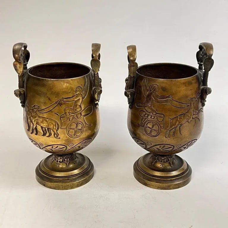 Pair 19th Century Egyptian Revival Bronze Vases - 2