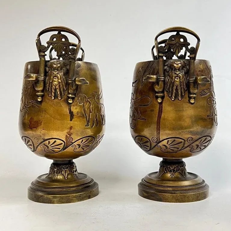 Pair 19th Century Egyptian Revival Bronze Vases - 4