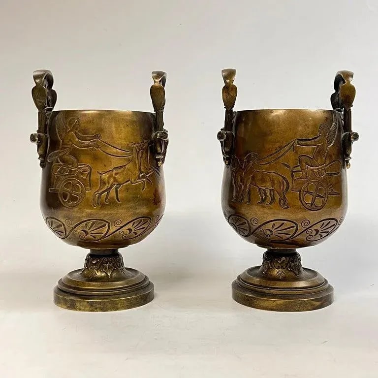 Pair 19th Century Egyptian Revival Bronze Vases - 5
