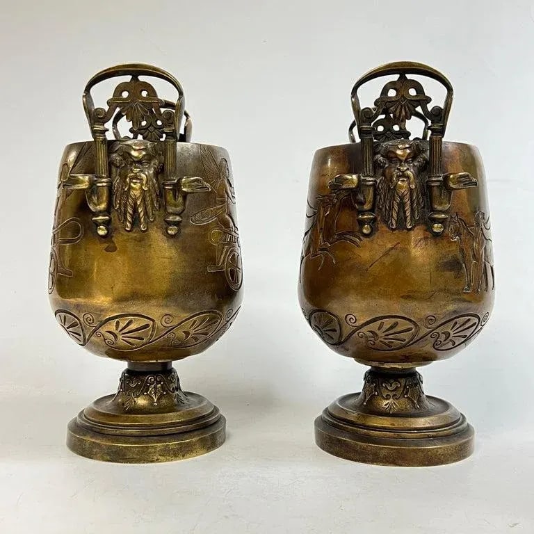 Pair 19th Century Egyptian Revival Bronze Vases - 7