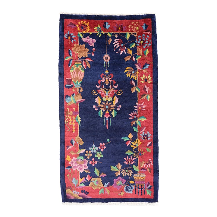 1920s Chinese Deco Rug | Vintage Chinese Art Deco Rug | Floral Deco Rug: This captivating Vintage Chinese Art Deco Rug showcases the elegance of the 1920s with its deep navy background and vibrant floral motifs. An Antique Chinese Art Deco Rug of this caliber is a rare fin