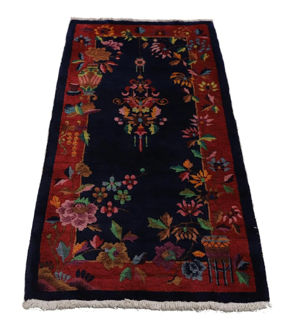 1920s Chinese Deco Rug | Vintage Chinese Art Deco Rug | Floral Deco Rug - 2
