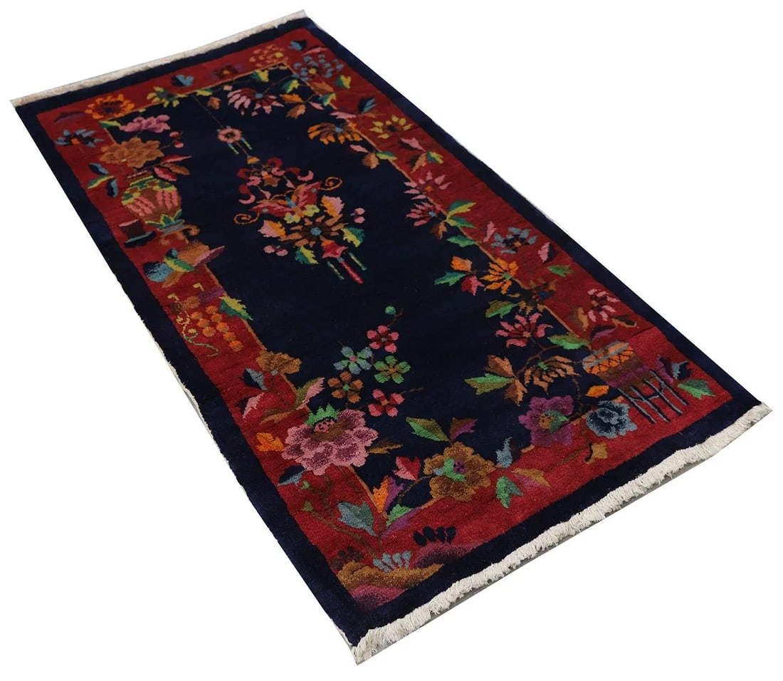 1920s Chinese Deco Rug | Vintage Chinese Art Deco Rug | Floral Deco Rug - 6