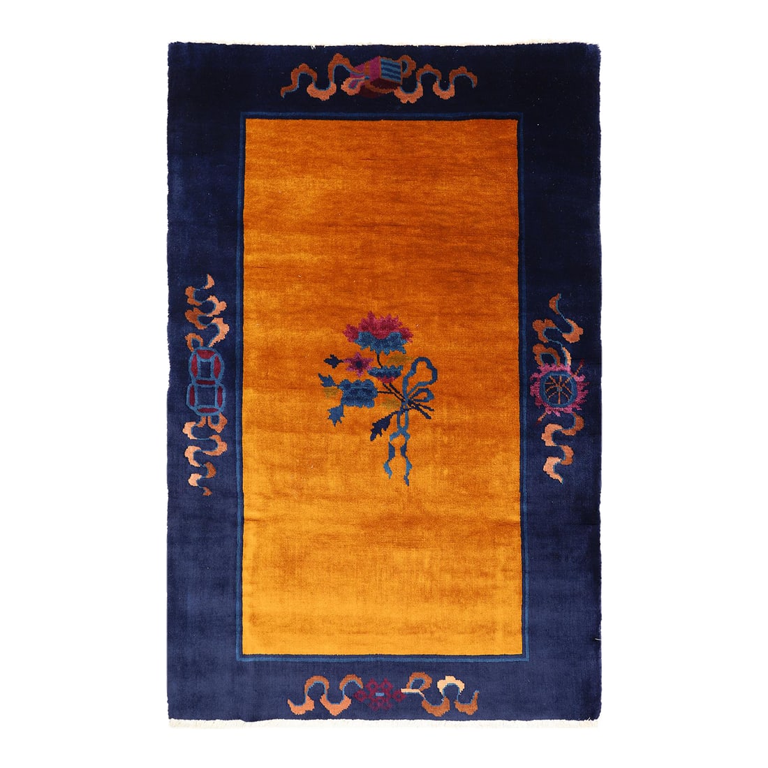 3'x5' Vintage Chinese Art Deco Rug | Gold Rug | Vintage Deco Rug: Indulge in the regal splendor of this vintage Chinese Art Deco rug. Its rich, royal gold field, framed by a deep navy border adorned with ancient wise symbols, creates a truly majestic statement. Hand