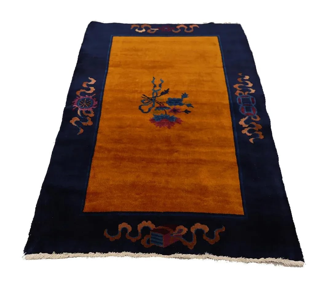 3'x5' Vintage Chinese Art Deco Rug | Gold Rug | Vintage Deco Rug - 2