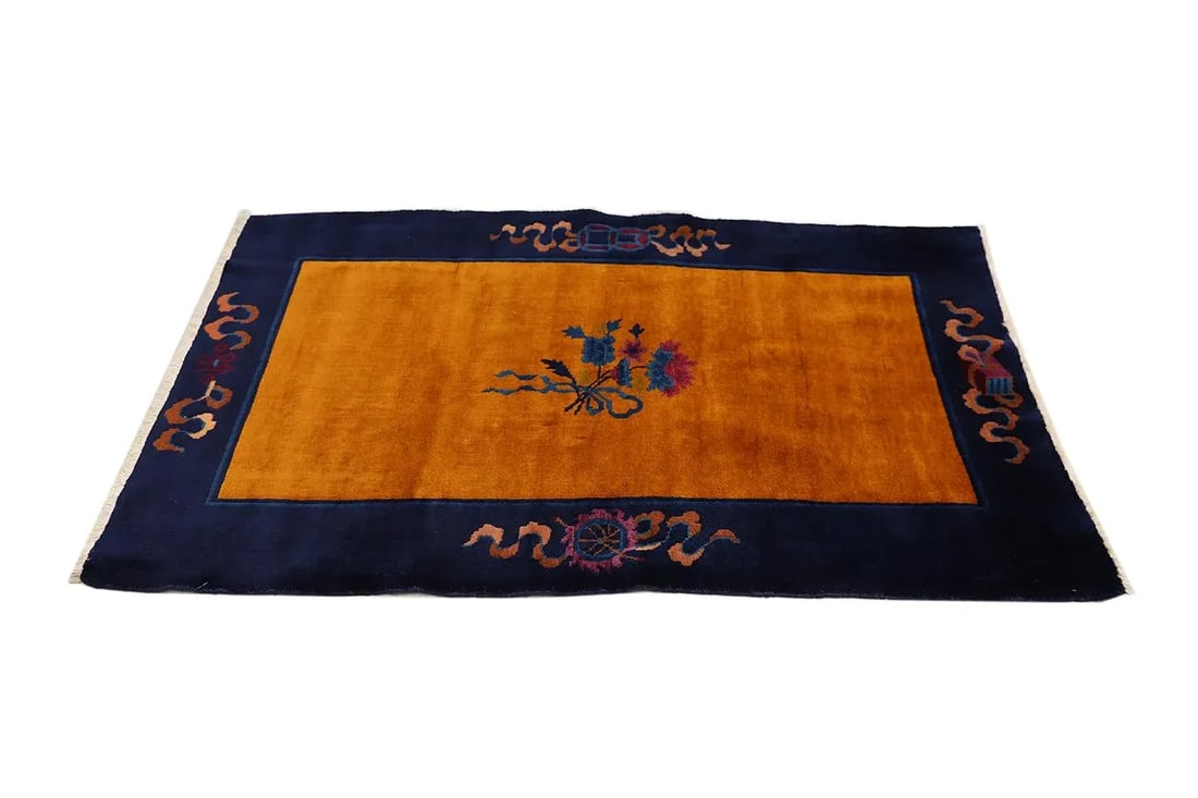 3'x5' Vintage Chinese Art Deco Rug | Gold Rug | Vintage Deco Rug - 3
