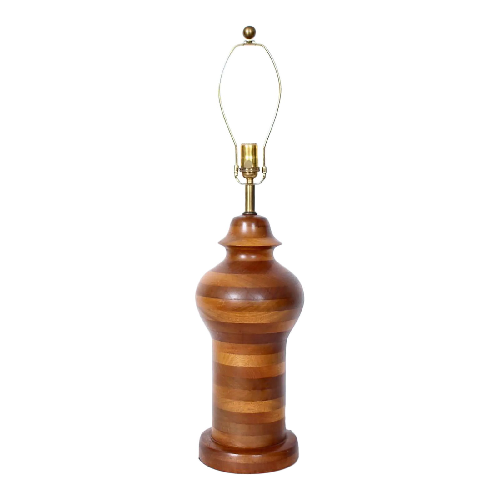 Ginger Jar Table Lamp in Stacked Mixed Hardwood, 1970's: Tall American Craftsman Stacked Mixed Hardwood Ginger Jar Table Lamp. Featuring a large and solid Ginger Jar form, turned hardwood rings in varied tones, atop a rounded circular (7D x 1.63H) base. Sta