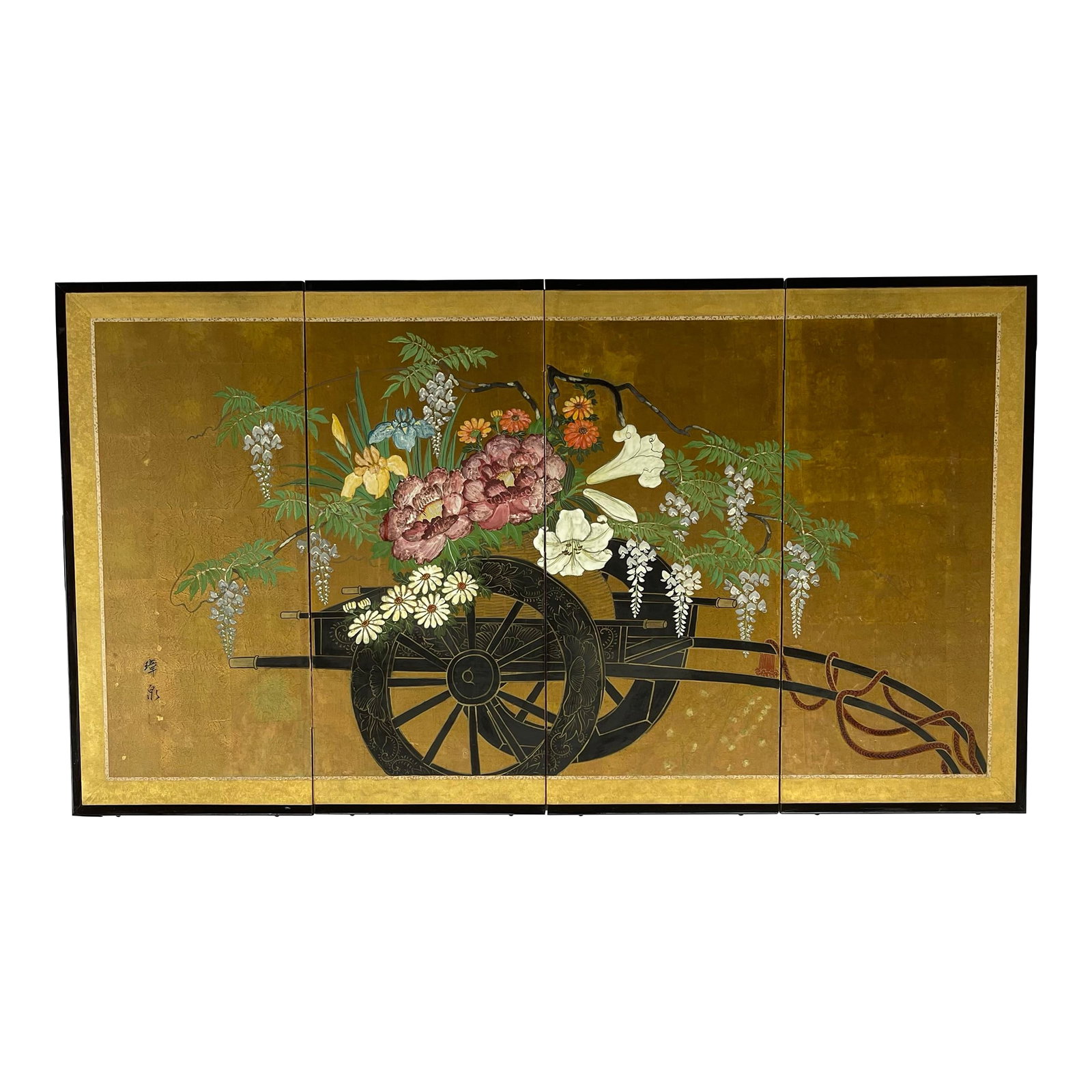 "Flower Cart" Post-1940s Japanese Byobu Painted 4-Panel Folding Screen: A beautiful and colorful 4 panel folding screen; Japanese hand painted on gold-leaf-like paper. This Byobu screen depicts spring flowers in a wheeled cart. Gouache and watercolor, artist signed on the