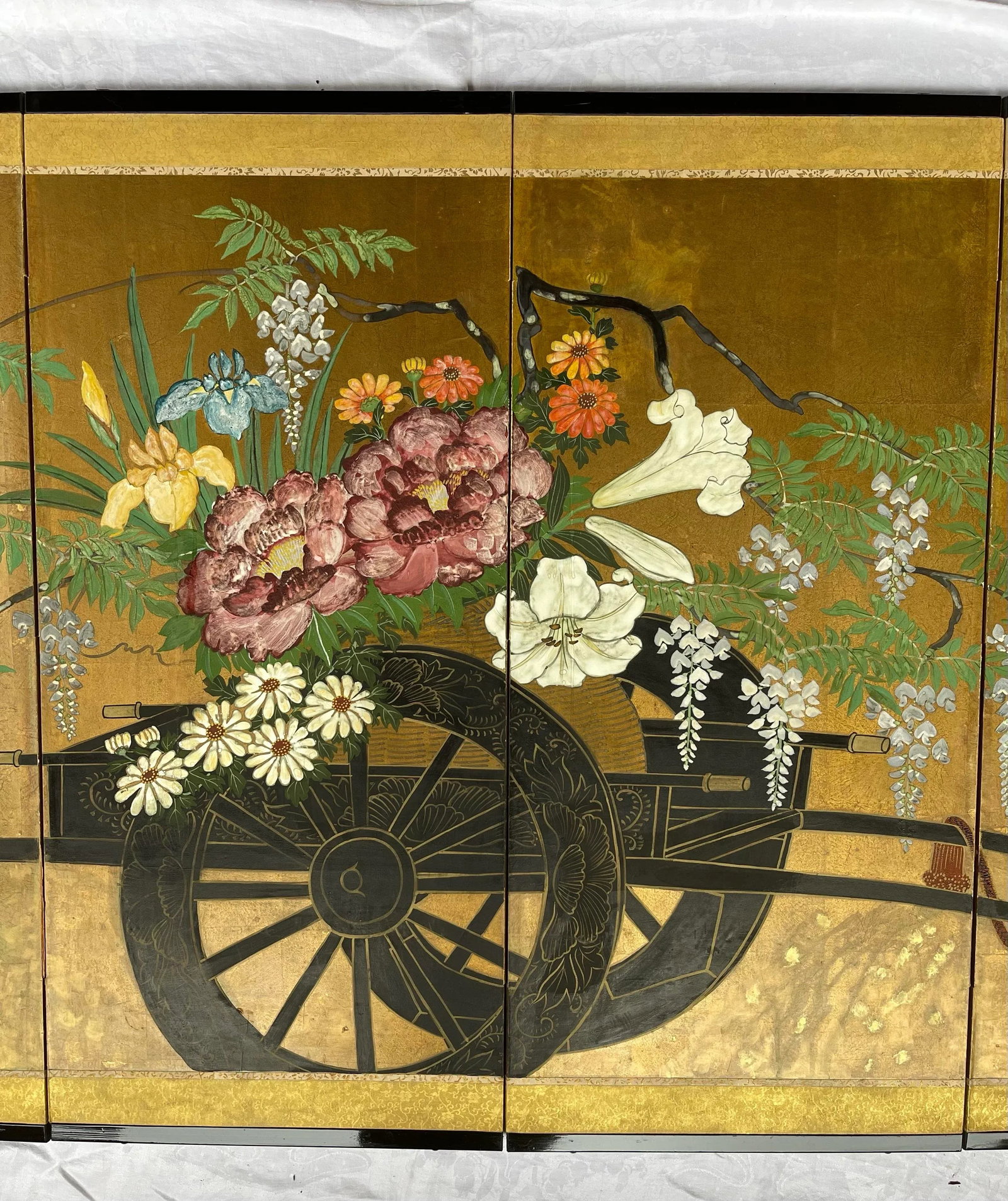 "Flower Cart" Post-1940s Japanese Byobu Painted 4-Panel Folding Screen - 2