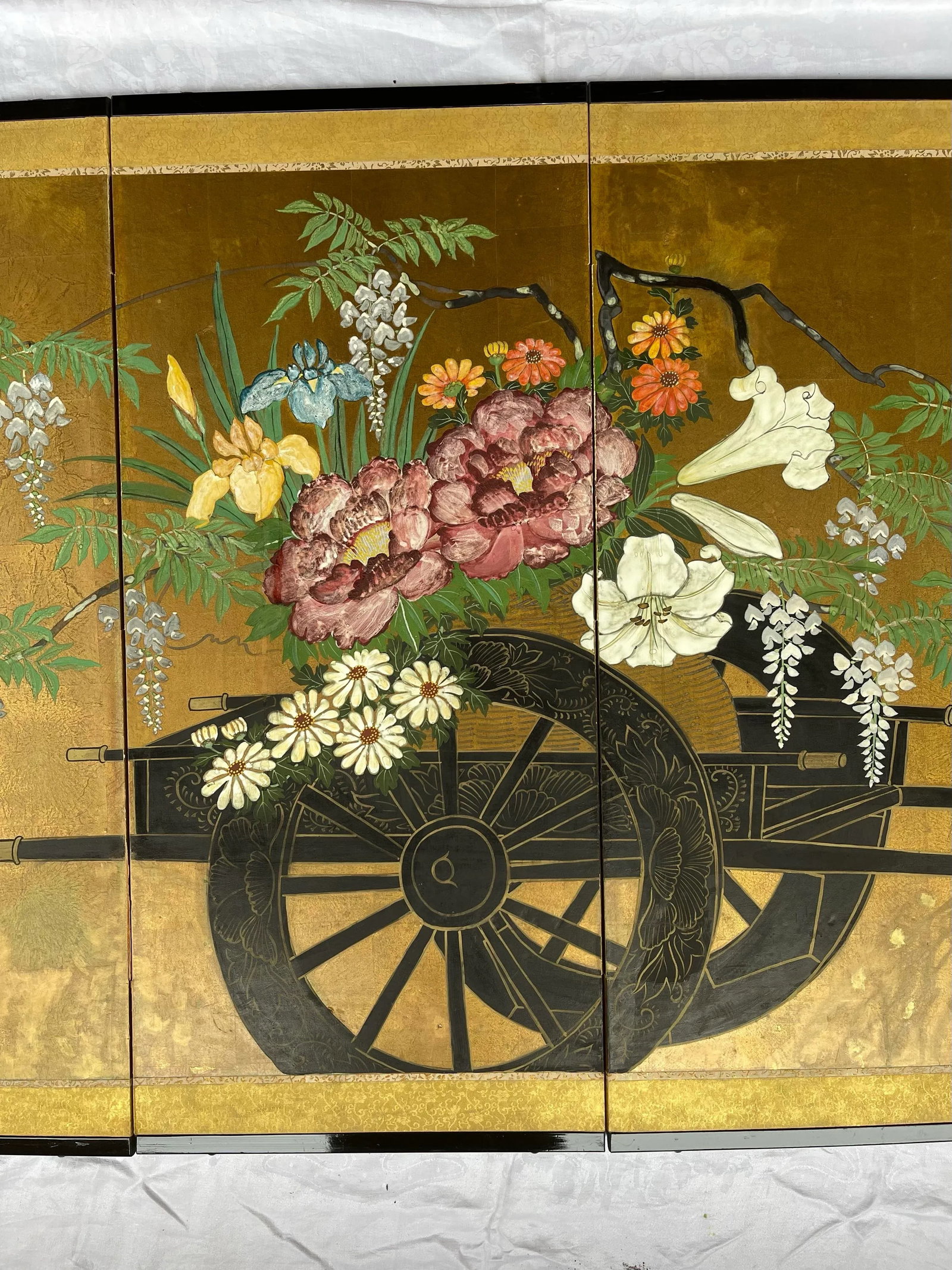 "Flower Cart" Post-1940s Japanese Byobu Painted 4-Panel Folding Screen - 3