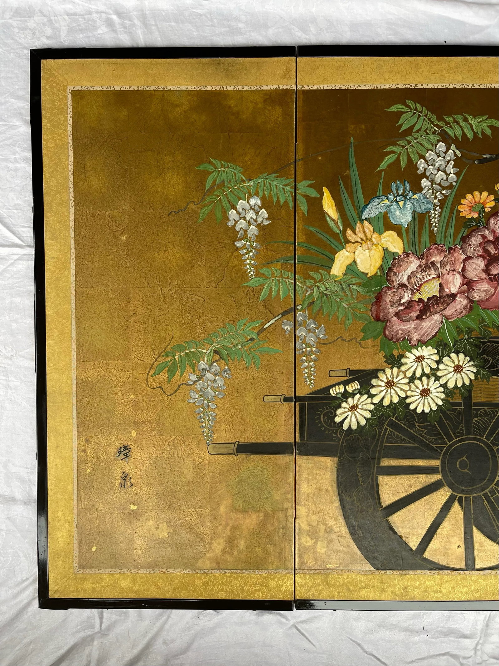 "Flower Cart" Post-1940s Japanese Byobu Painted 4-Panel Folding Screen - 4