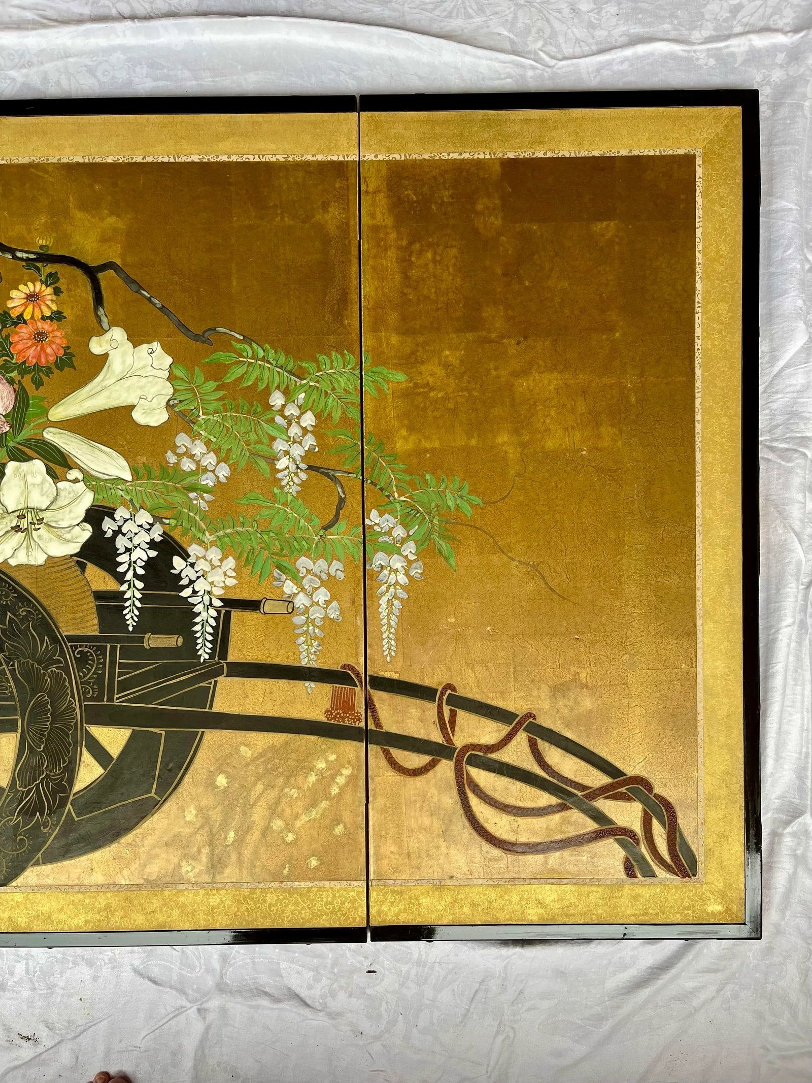 "Flower Cart" Post-1940s Japanese Byobu Painted 4-Panel Folding Screen - 5