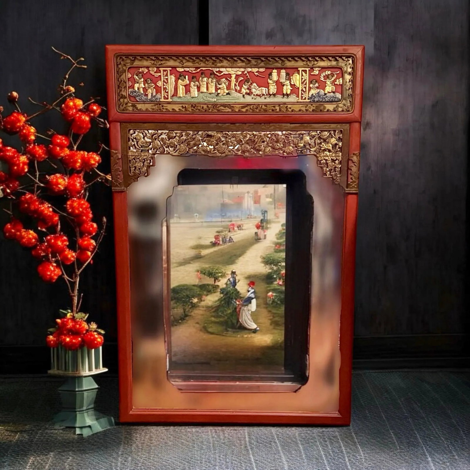 Late 19th Century Chinese Carved Red Lacquered Wall Mirror - 5