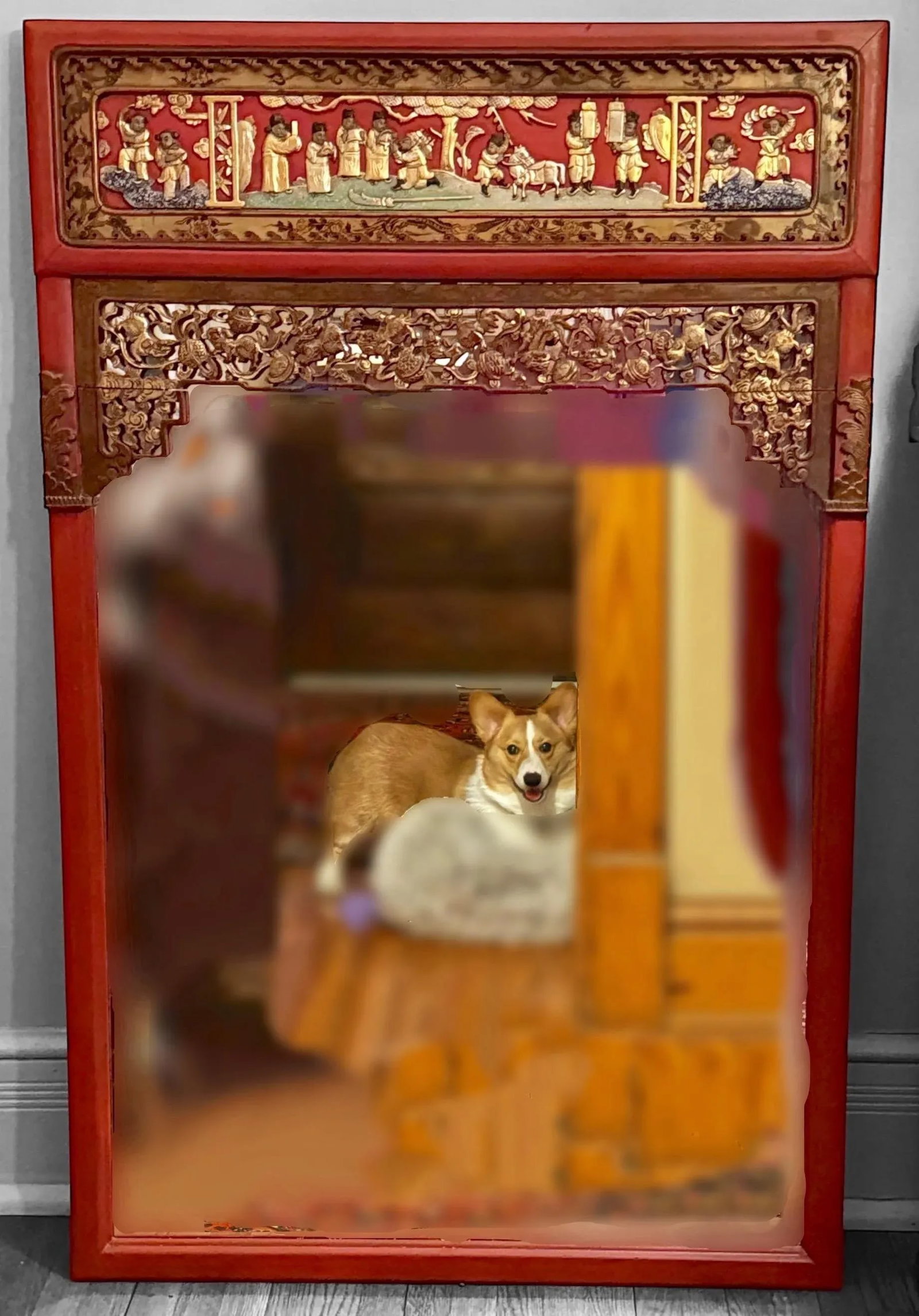 Late 19th Century Chinese Carved Red Lacquered Wall Mirror - 7