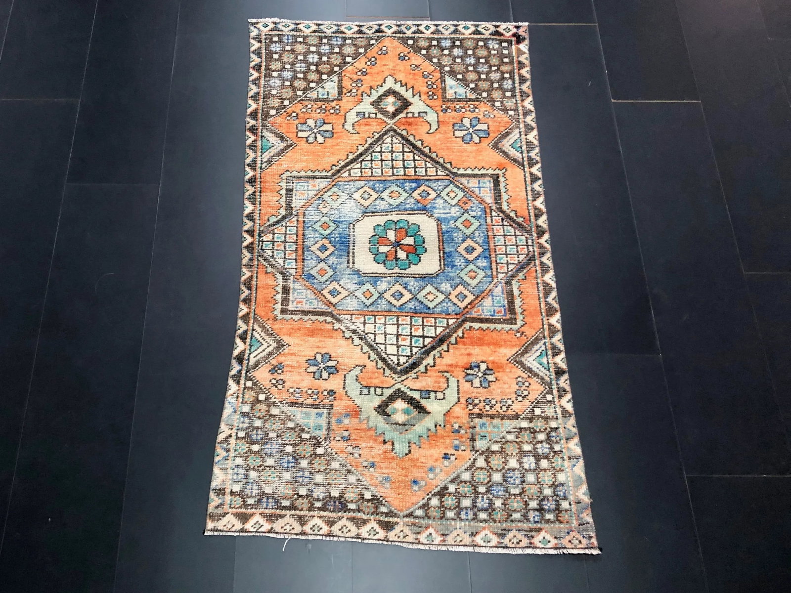 Vintage Turkish Anatolian Orange Rug - 11