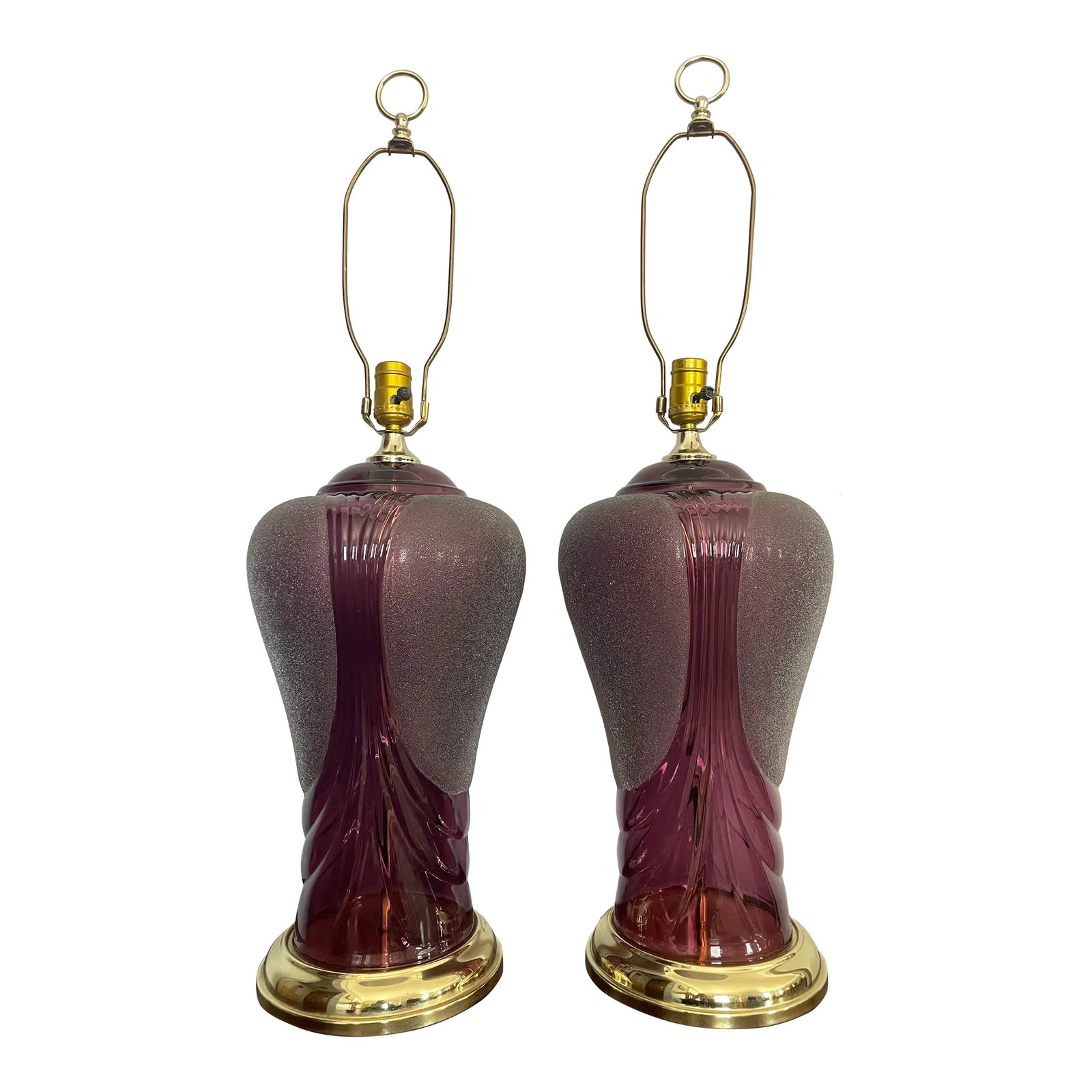 Vintage Heyco Art Deco Amethyst Table Lamps - a Pair: This pair of vintage lamps make a bold statement, with their rich amethyst color, sensuous curves, and ample size. I love the contrast between the textured glass and the smooth ridges which weave