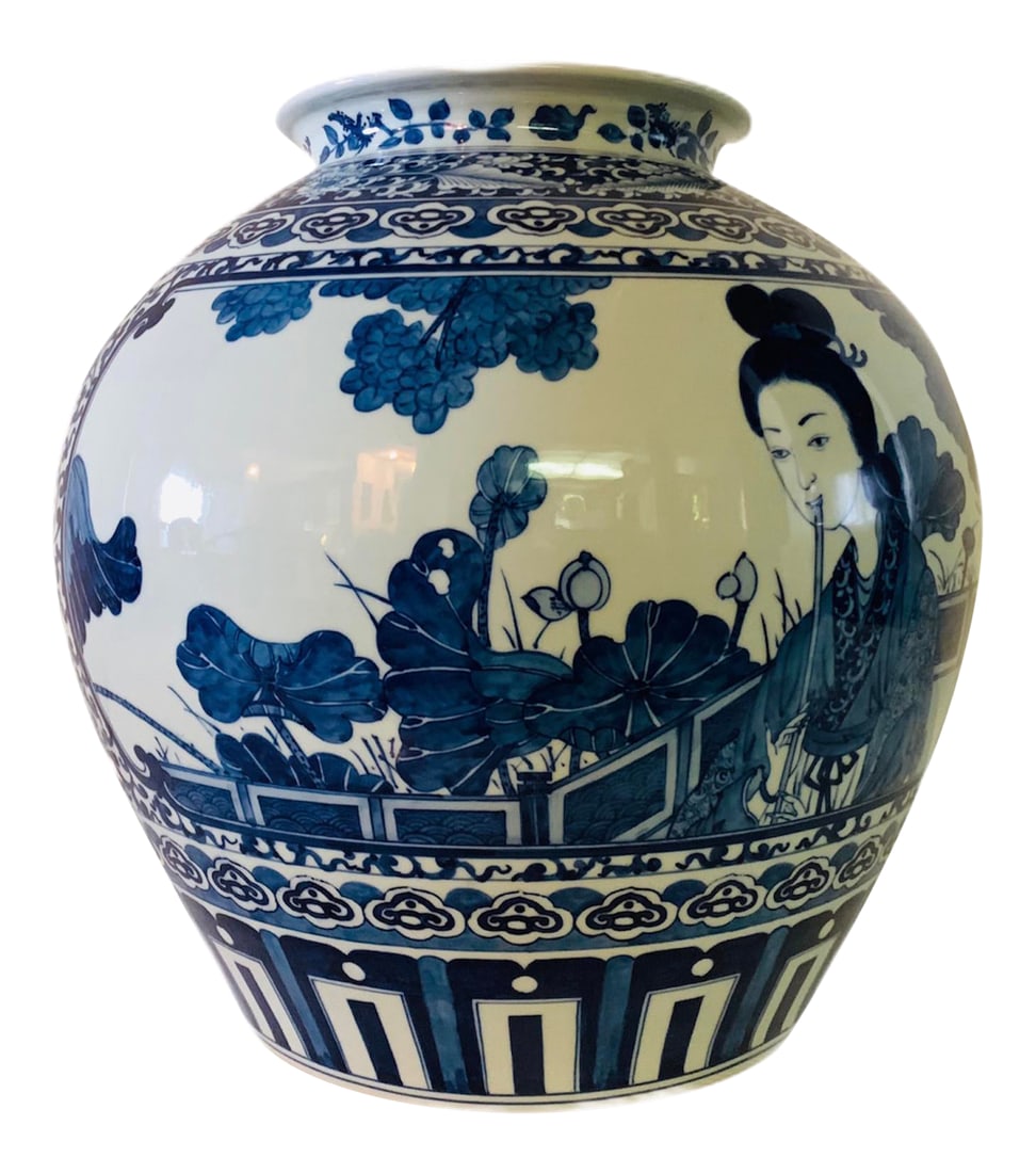 Vintage Large Cobalt Blue Chinese Porcelain Vase: Gorgeous large antique Chinese porcelain vase. Features a body with several motifs beautifully hand painted in cobalt blue. This vase is most likely from the early 20th century. Would make a